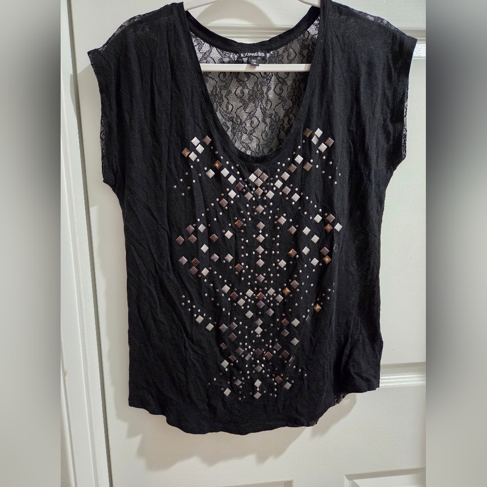 Express Black Geometric Embellished & Lace Back Top